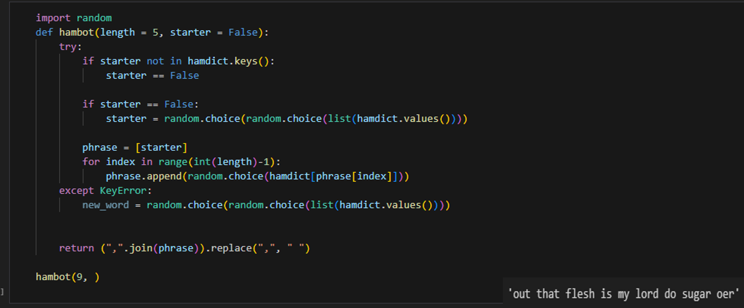 Hambot function code and result.